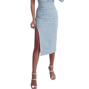 Zara Baby Blue & White Gingham Ruched Side Slit Midi Skirt Size M
